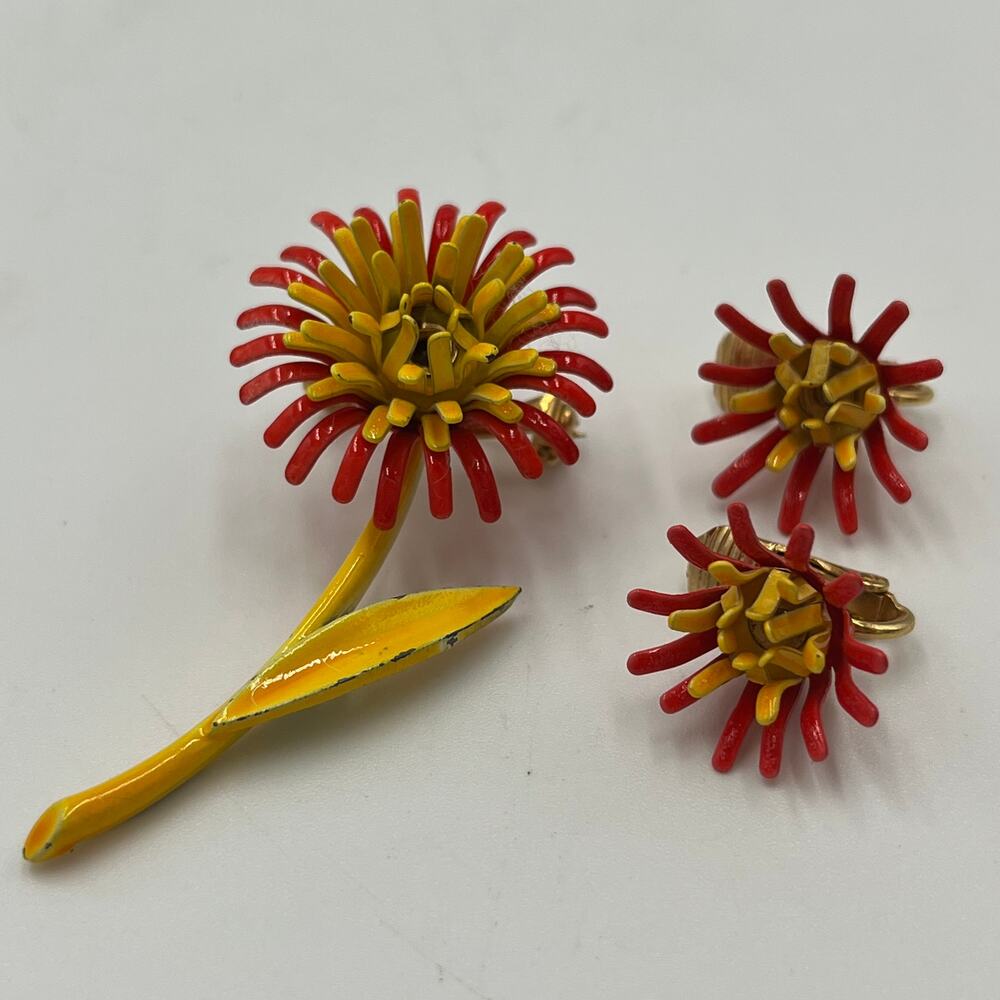 Vintage Yellow and Red Layered Flower Brooch Pin and Earrings Jewelry
